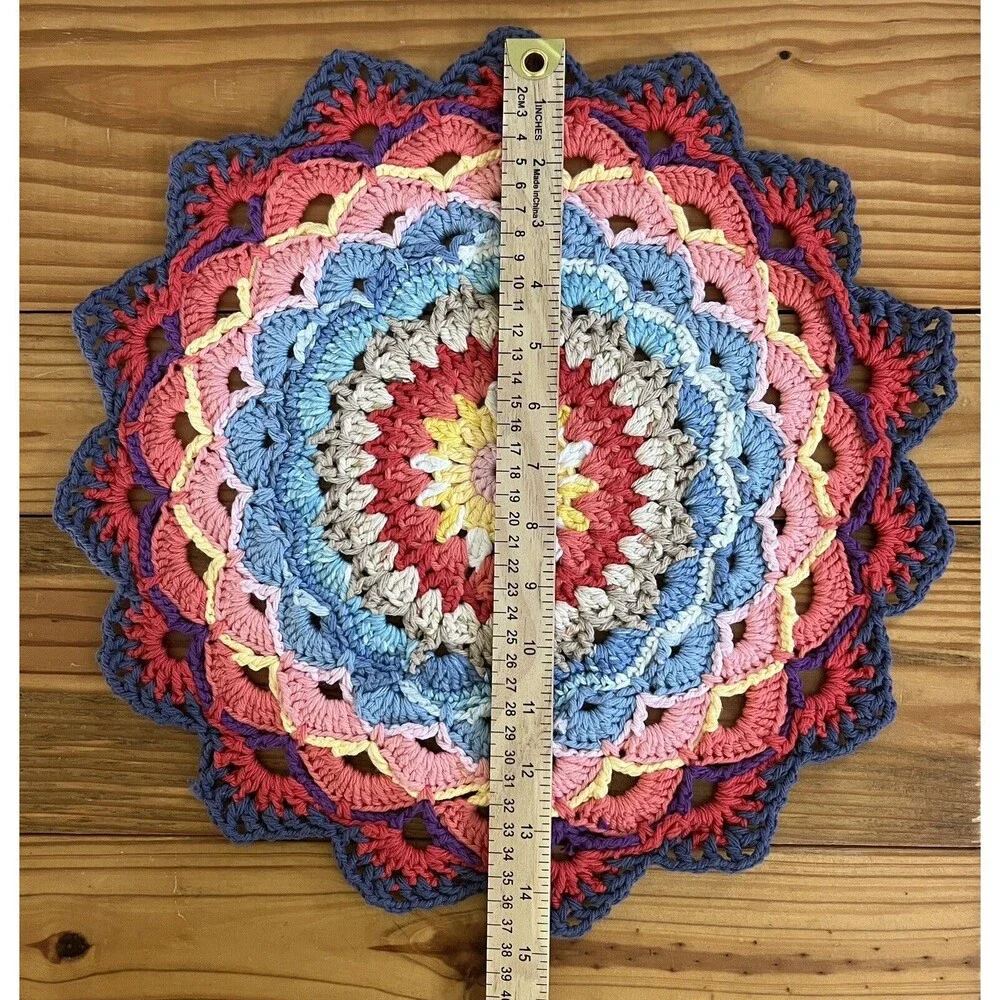 Handmade Crochet 15” Multi Color Mandala Sunrise Doily Table Top 100% Cotton